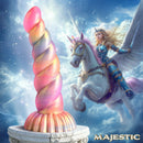 Creature Cocks Aurora Unicorn 8.5 Inch Silicone Dildo with pastel colors and a majestic unicorn background.