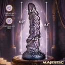 Creature Cocks Ilias Elf 8.5 Inch Silicone Dildo Purple displayed with dimensions and premium silicone label.