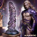 Creature Cocks Ilias Elf 8.5 Inch Silicone Dildo Purple displayed next to a handsome elf figure in purple armor.