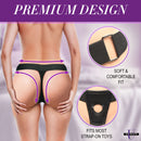 Strap U Thrusting Vibrating Strap-On with Harness Black in premium design, showcasing its comfortable fit and compatibility with strap-on toys.