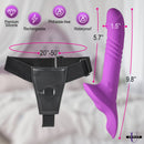 Strap U Thrusting Vibrating Strap-On with Harness Black features a purple silicone vibrator and adjustable harness dimensions.