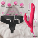 Thrusting & Vibrating Rabbit Strap-On with Harness showing premium silicone materials, dimensions, and features.