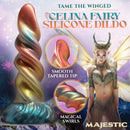 Majestic Series Celina Fairy Silicone Dildo with iridescent finish and smooth tapered tip, showcasing magical swirls.
