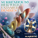 Majestic Series Celina Fairy Silicone Dildo with vibrant colors and spiral design on a strong suction base, poster included