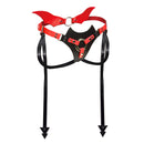 Majestic Series Maelith Vegan Leather Strap-On Harness with red and black devil wing panels and adjustable straps.