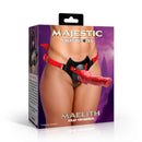 Majestic Series Maelith Vegan Leather Strap-On Harness packaging showcasing design and features.