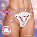Majestic Solyra Good Angel Vegan Leather Strap-On Harness displayed on a model with size measurements and stylish design elements.