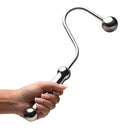 Master Series Stainless Steel Anal Hook with Handle held in hand, featuring polished metal design and extended grip for control.