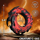 Creature Cocks Hell Fang Silicone Cock Ring with horned demon design, marbled crimson and black finish.