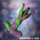Creature Cocks Alien Bloom Expanding Silicone Anal Plug displayed with dimensions 1.7"-2.7" open, 4.8" length.