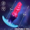 Creature Cocks Cosmo Hound Silicone Butt Plug with textured design and dimensions displayed on a cosmic background.
