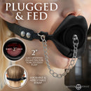 Master Series Plugged Silicone Feeding Gag Black featuring adjustable strap and gag opening for forced feed play