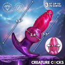 Creature Cocks Astro Inflatable Silicone Anal Plug showcasing dimensions and colors with a cosmic background.