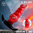 Creature Cocks Blaze Inflatable Silicone Anal Plug dimensions showing 2.6" to 3.2" girth, 7" length, and phthalate-free premium silicone.