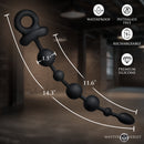 Master Series Balls Deep Vibrating Silicone Anal Beads showcasing dimensions and features like waterproof and phthalate-free.