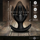 Master Series Ass Lock Magnetic Inflatable Anchor Anal Plug dimensions showing inflated and deflated sizes on a wooden surface.