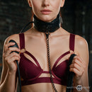 Master Series Constrict Inflatable Collar with Leash Black worn by a model with a burgundy bra.