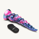 Tenta-Squirm Squirming & Vibrating Tentacle Silicone Dildo alongside its remote, showcasing vibrant colors and textured design.