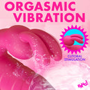 Thrusting Silicone Rabbit Vibrator Pink with orgasmic vibration and clitoral stimulation in water.