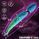 Creature Cocks Deep Squirmer Squirming Silicone Vibrator with measurements on a dark stormy background.