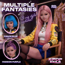 K-Pop Idol Dreamgirl Realistic Love Doll with multiple wig styles, featuring Fierce Blue and Passion Purple options.