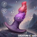 Creature Cocks Dragon Master Silicone Butt Plug with measurements for insertable length and width.