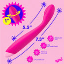 Flexible Silicone G-Spot Vibrator Pink with flexible neck, 5.5 inches insertable length, and 1 inch width.