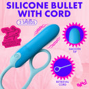 Bang Silicone Bullet with Cord Blue showcasing smooth tip, retrieval cord, and vibration patterns.