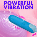 Bang Silicone Bullet with Cord Blue illustrating powerful vibrations and water-resistant design.
