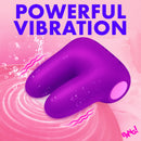 Bang Dual Silicone Vibrator Purple showcasing powerful vibration with water droplets on a pink background.