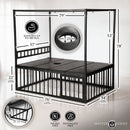 Master Series Bondage Bed with Cage Black dimensions and features, showcasing heavy-duty steel design and multiple anchor points.