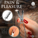 Master Series Naughty Pleasure Steel Nipple Clamps showcasing clothespin-style clamps connected by a 11.5-inch chain.