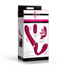 10X Pleasure Poser Posable Vibrating Strapless Strap-On packaging showcasing features and controls.