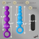 Bang Vibrating Silicone Anal Beads Set with Remote displayed with dimensions and features like splashproof and rechargeable.