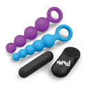 Bang Vibrating Silicone Anal Beads Set with Remote including two strands and a vibrating bullet.