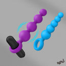Bang Vibrating Silicone Anal Beads Set with Remote featuring purple and blue beads and a vibrating bullet.