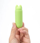 Maia Allie Rechargeable Mini Vibe Green held in hand, featuring a playful cat design and soft finish.