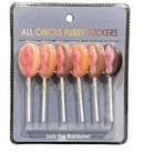 All Chicks Pussy Suckers 6 Pack featuring colorful sucker treats on a card for party fun.