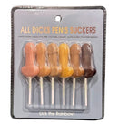 All Dicks Penis Suckers 6 Count package featuring colorful penis-shaped suckers in various flavors.