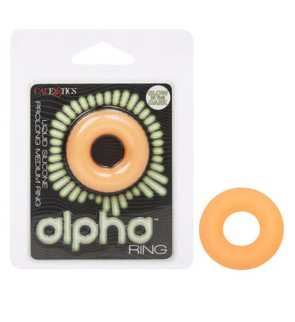 Alpha™ Glow-In-The-Dark Liquid Silicone Prolong Medium Ring Packaging and Loose Ring Display