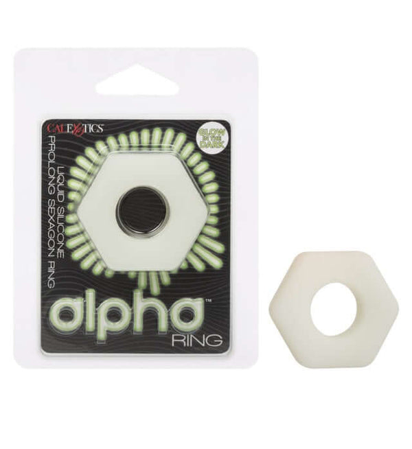 ALPHA PROLONG SEXAGON RING in packaging with liquid silicone glow-in-the-dark design enhancing sensual experiences and prolonging pleasure