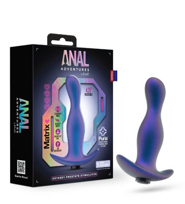 Anal Adventures Matrix Odyssey Prostate Simulator in Space Age Blue with packaging, ergonomic design for prostate pleasure.