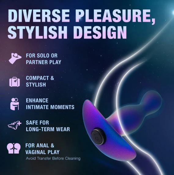Anal Adventures Matrix Odyssey Prostate Simulator features and benefits in stylish design on space-themed background.