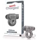 Charged OWow Rechargeable Vibrating Ring Waterproof Gray in packaging with USB charging cable.