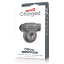 Charged OWow Rechargeable Vibrating Ring Waterproof Gray in its packaging, showcasing the design and features.