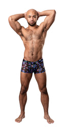 Male Power Hazy Dayz Pouch Short Large Mushroom displayed by a model in a playful mushroom print.