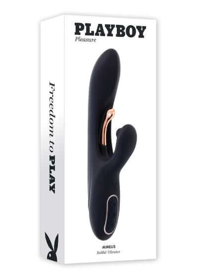 Playboy Aureus rechargeable silicone triple motor vibrator in black packaging, designed for G-Spot stimulation.