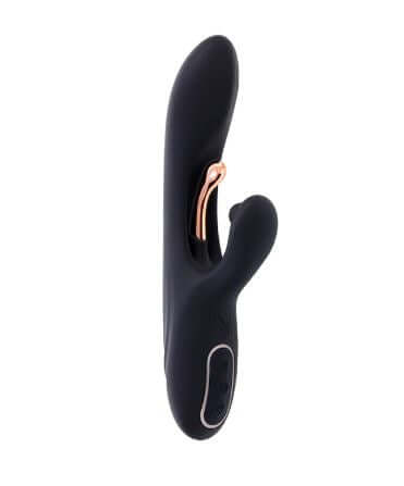 Playboy Aureus rechargeable silicone vibrator in black with rose gold accents for G-Spot stimulation.
