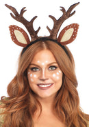 Leg Avenue Fawn Ear Antler Animal Costume Headband Brown worn by a model with doe makeup and a smile.