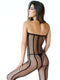 Halter open cup black bodystocking lingerie showcasing a fishnet design on a model from the back.